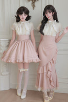 White/Pink Round Collar Short Sleeves Ruffled Bow Lace Color-Blocked Boned Sweet Lolita Dress 2 Versions