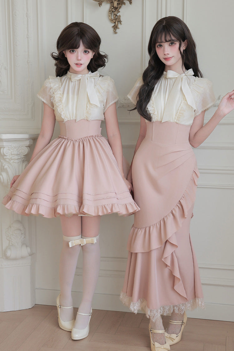 White/Pink Round Collar Short Sleeves Ruffled Bow Lace Color-Blocked Boned Sweet Lolita Dress 2 Versions