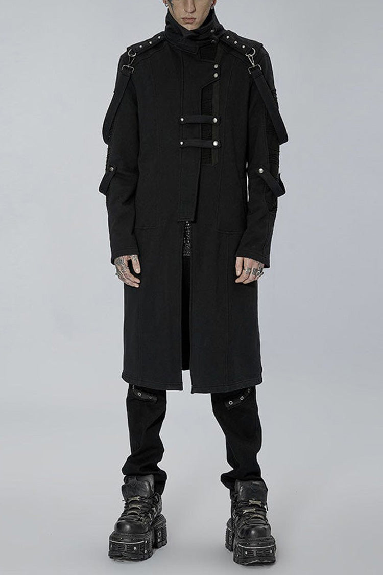 Black Punk Asymmetry High Collar Placket Metal Shoulder Detachable Webbing Men's Knitted Coat