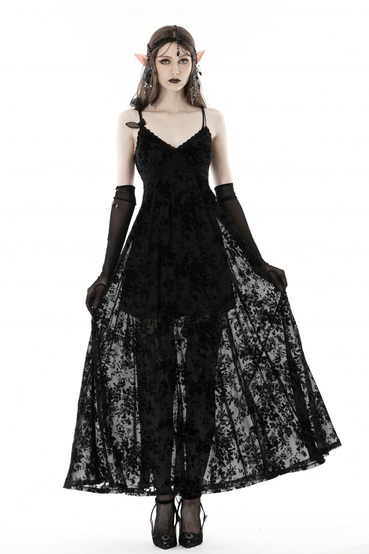 Black Sleeveless Lace Lace-Up Women's Gothic Maxi Rose Slip Dress