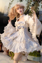 Blue [Letter Paper] Sleeveless Double-Layered Printed Ruffled Open-Front Bow Lace-Up Sweet Lolita Jsk Dress (Short Version)