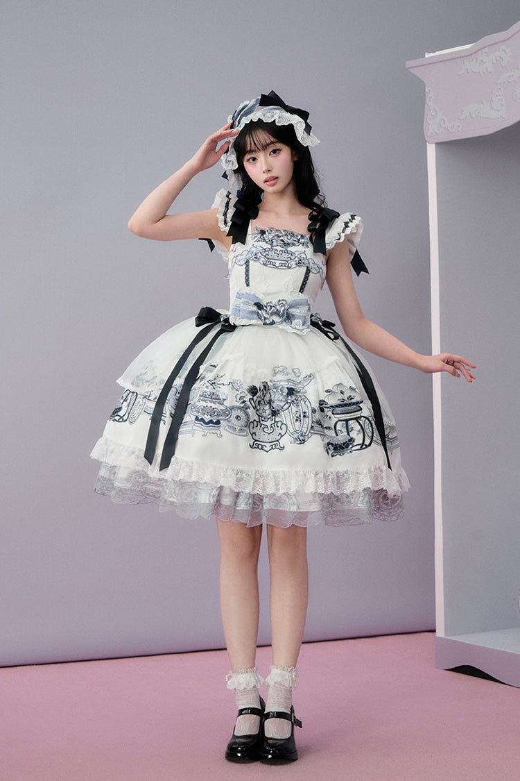 Blue/White [Celadon Jade Cup] Square Collar Flutter Sleeves Printed Ruffled Embroidered Bow Lace Classic Chinese Inspired Lolita Jsk Dress