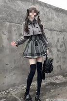 Grey Long Sleeves Houndstooth Printed Ruffled Lace-Up Jirai Kei Japanese Set