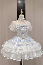 White/Blue [Ice Dance] Halterneck Multi-Layered Bowknot Lace Sweet Ballet Lolita Dress