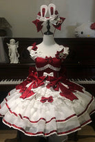 Red [Velvet Rabbit] Sleeveless Multi-Layered Ruffled Bow Sweet Lolita Jsk Dress Set