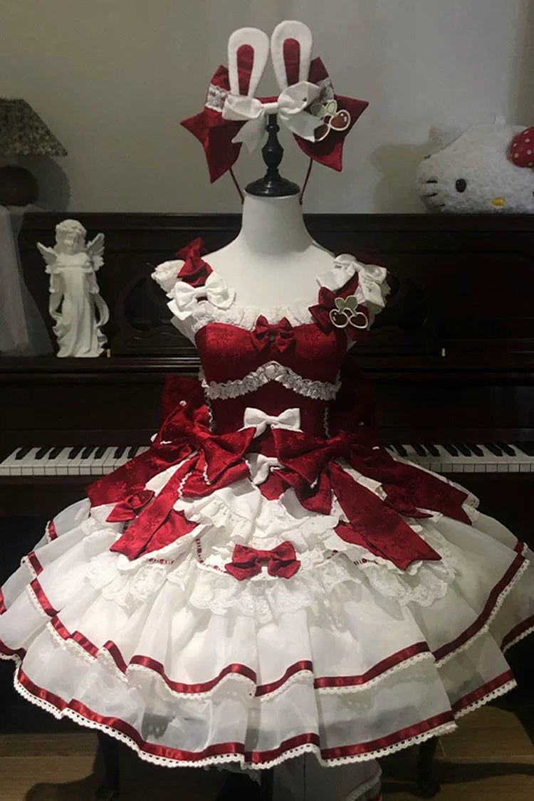 Red [Velvet Rabbit] Sleeveless Multi-Layered Ruffled Bow Sweet Lolita Jsk Dress Set