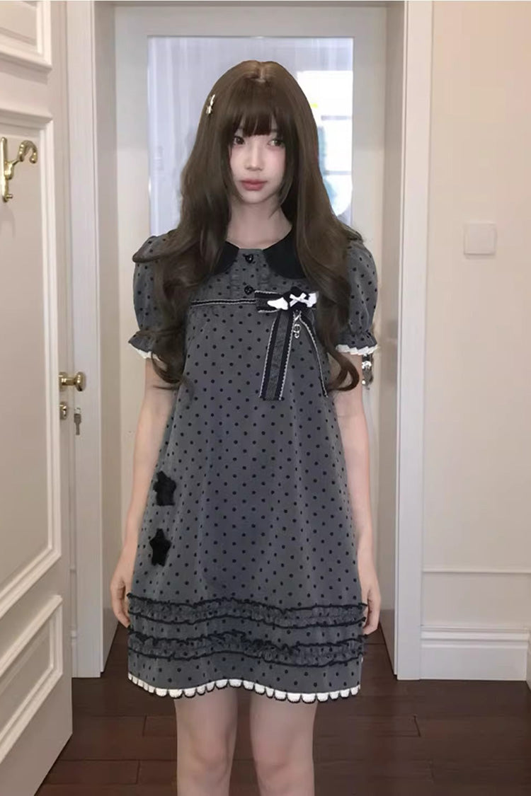 Grey [Little Star Wish] Doll Collar Short Sleeves Polka Dot Printed Bow Classic Japanese Lolita Dress