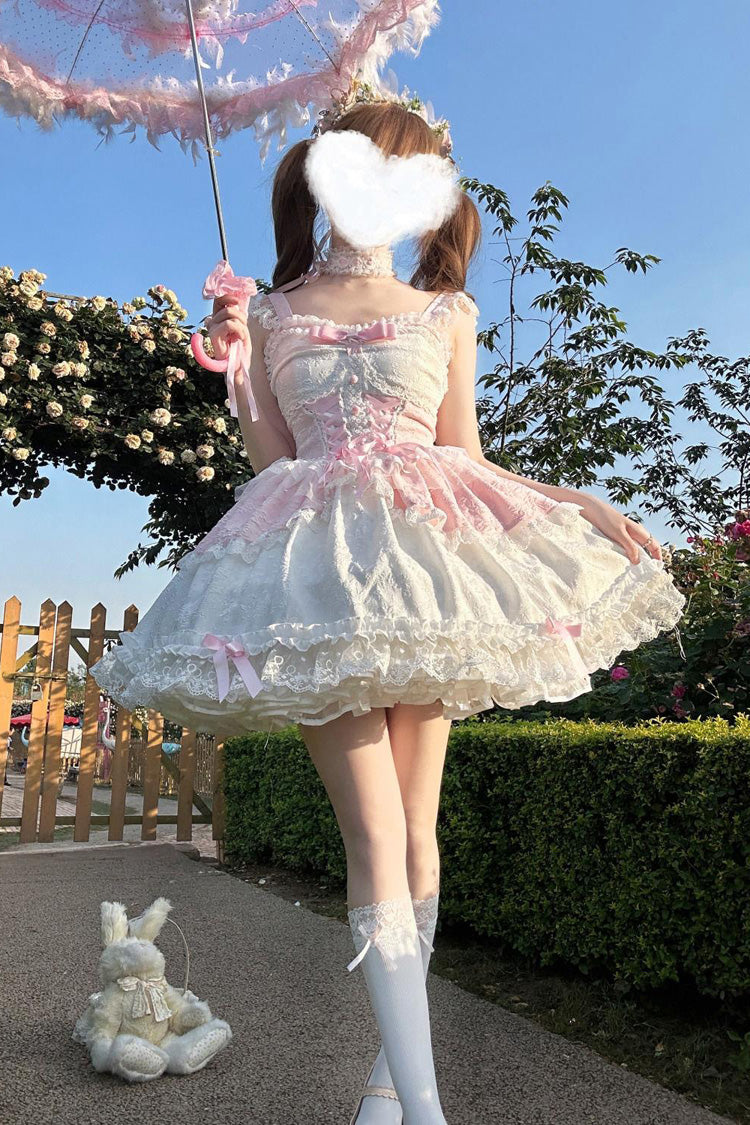 Pink [Leiffu] Sleeveless Ruffle Bowknot Lace Lace-Up Sweet Ballet Lolita Jsk Dress