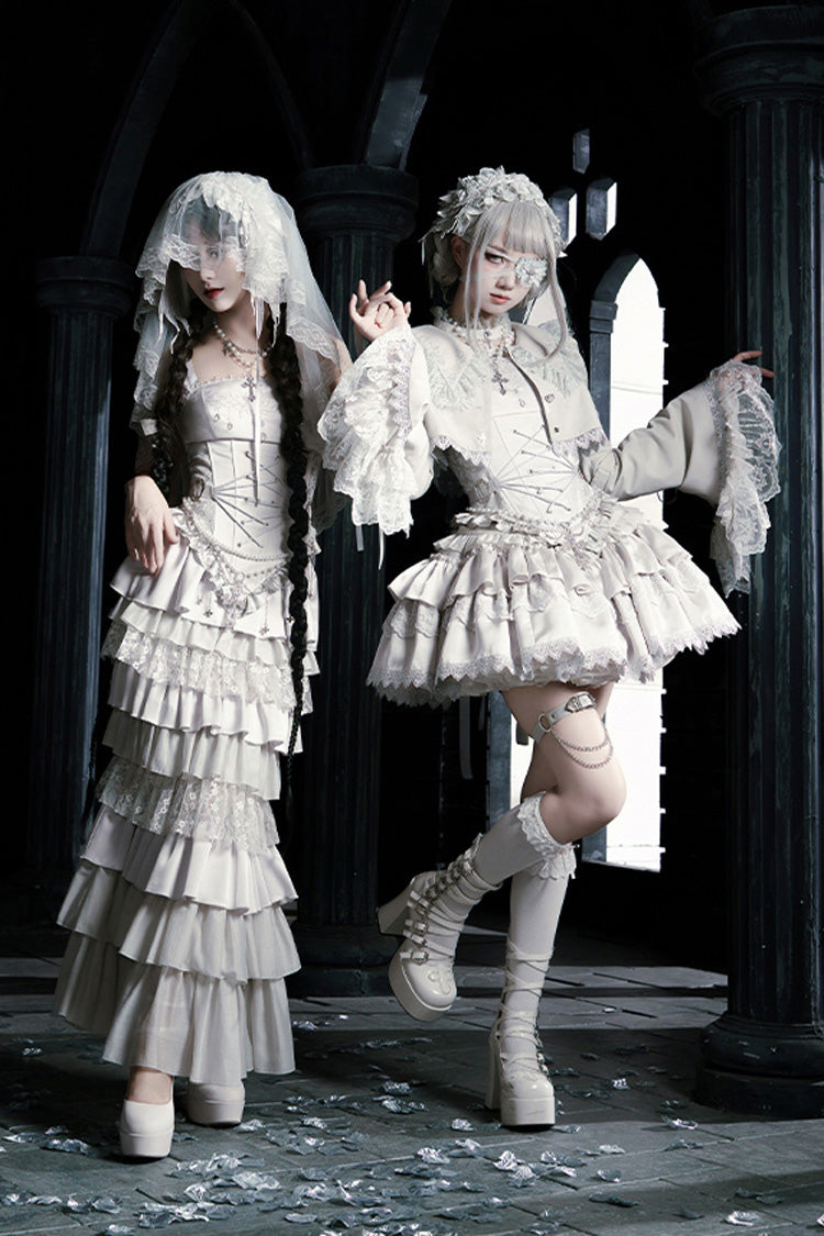 Solid Color [Bionic Doll] Square Collar Multi-Layered Ruffle Bowknot Lace-Up Gothic Lolita Short Skirt Corset Set