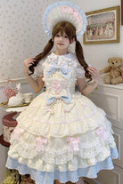 Yellow/Blue [Fondant Cake] Sleeveless Multi-Layered Ruffle Bowknot Lace Sweet Lolita Jsk Dress