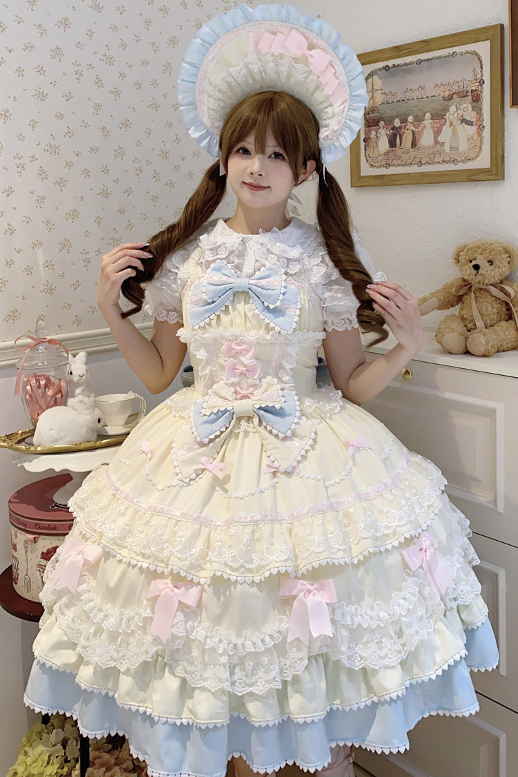 Yellow/Blue [Fondant Cake] Sleeveless Multi-Layered Ruffle Bowknot Lace Sweet Lolita Jsk Dress