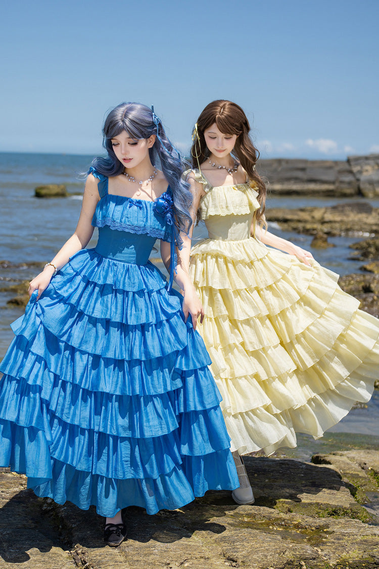 [Bubble Rain] Flutter Sleeves Multi-Layered Ruffled Sweet Lolita Jsk Dress 2 Colors (Yellow, Blue)