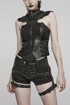 Black Sleeveless Hollow Stretch Knitted Stitching Womens Bat Wings Steampunk Vest