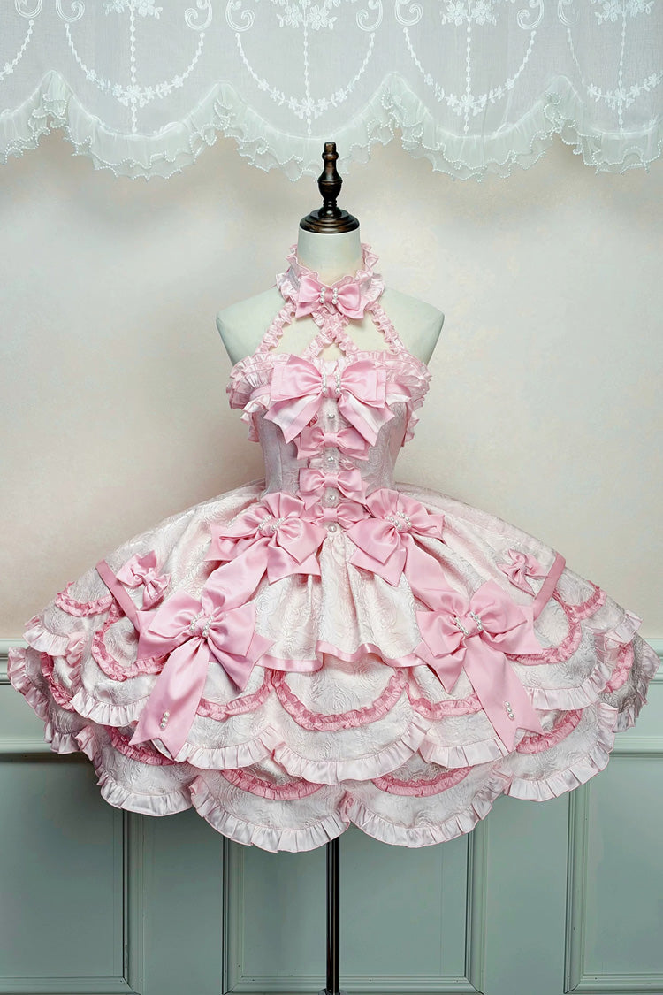 Pink [Sweetheart Petals] Halterneck Sleeveless Multi-Layered Jacquard Ruffled Bow Pearl Detail Sweet Lolita Jsk Dress