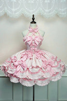 Pink [Sweetheart Petals] Halterneck Sleeveless Multi-Layered Jacquard Ruffled Bow Pearl Detail Sweet Lolita Jsk Dress