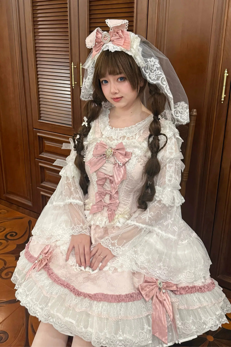 Pink [Prelude of Ribbons] Square Collar Sleeveless Jacquard Ruffled Open-Front Bow Lace Pearl Detail Floral Wall Plus Size Sweet Lolita Jsk Dress