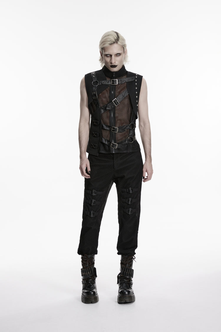 Black Stand Collar Sleeveless Spliced Asymmetric Studded Buckled Eyelet Men's Punk Cool Vest