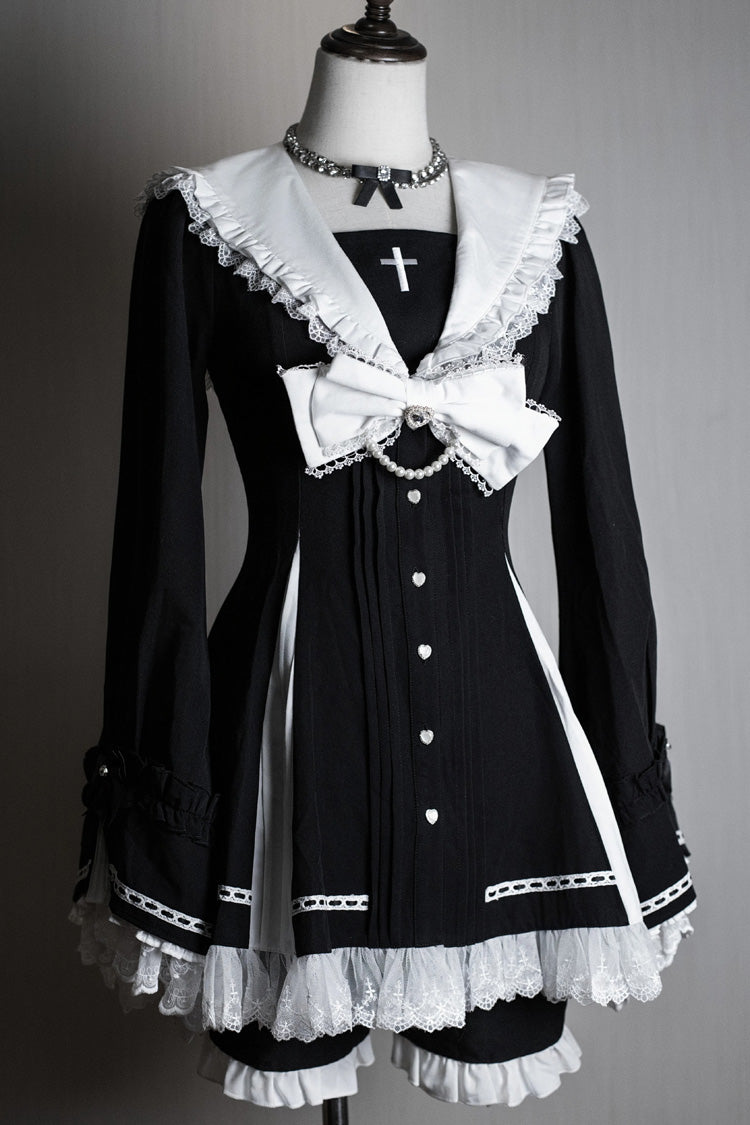 [Dark Night Prayer] Square Collar Long Sleeves Bow Lace Pearl-Decorated Sweet Jirai Kei Dress and Short Set 3 Colors