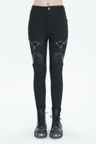 Black Slightly Elastic Twill Pu Tie Rope Decoration Women's Punk Trousers