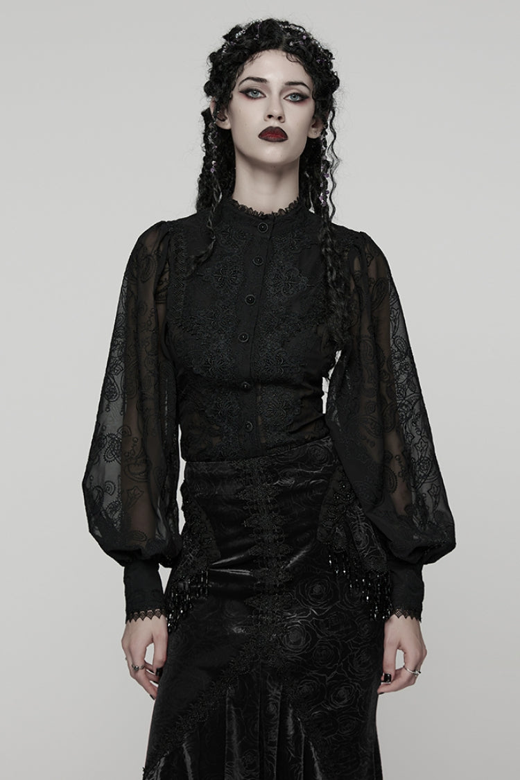 Black Stand Collar Long Puff Sleeves Floral Embroidered Women's Gothic Blouse