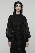 Black Stand Collar Long Puff Sleeves Floral Embroidered Women's Gothic Blouse