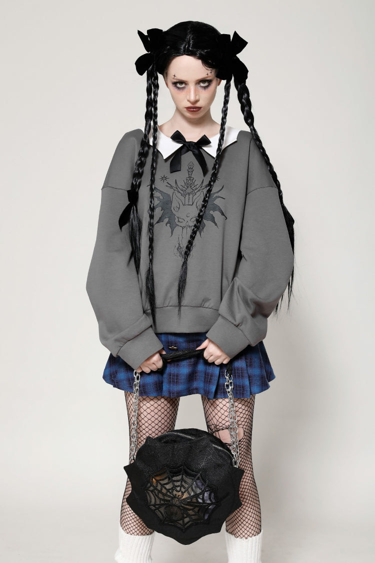 Grey Bowknot Peter Pan Collar Long Sleeves Bat Women's College Style Sweatshirt