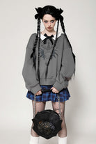 Grey Bowknot Peter Pan Collar Long Sleeves Bat Women's College Style Sweatshirt