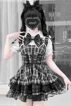 [Heart Key Treasure Box] Lapel Collar Short Sleeves Printed Ruffled Bow Lace-Up Japanese Jirai Kei Dress Shorts Set 3 Colors