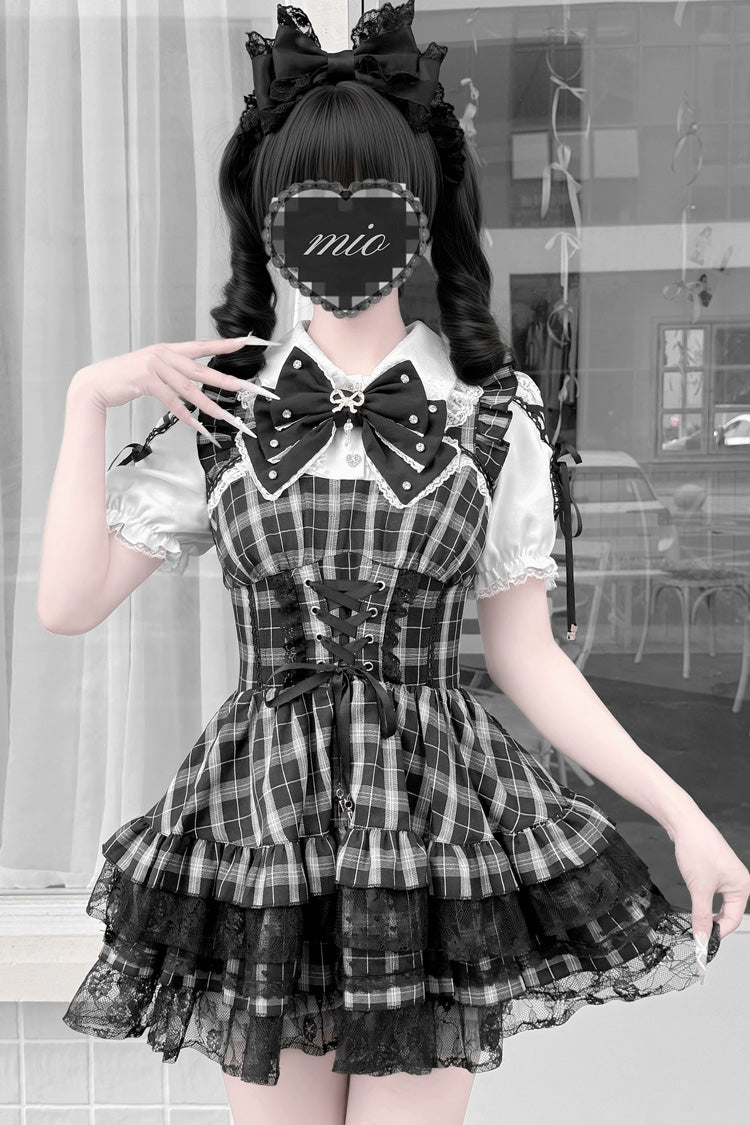 [Heart Key Treasure Box] Lapel Collar Short Sleeves Printed Ruffled Bow Lace-Up Japanese Jirai Kei Dress Shorts Set 3 Colors