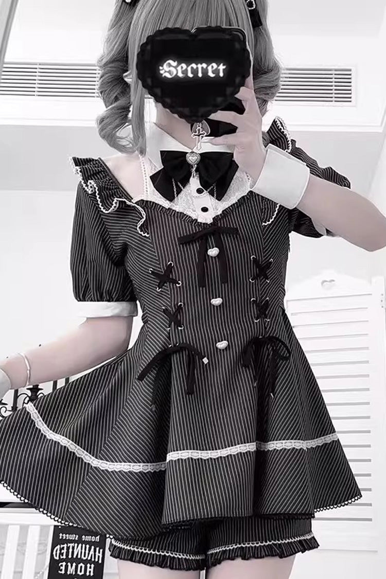 Black [Roman Strings] Short Sleeves Striped Print Bowknot Lace-Up Gothic Jirai Kei Plus Size Dress