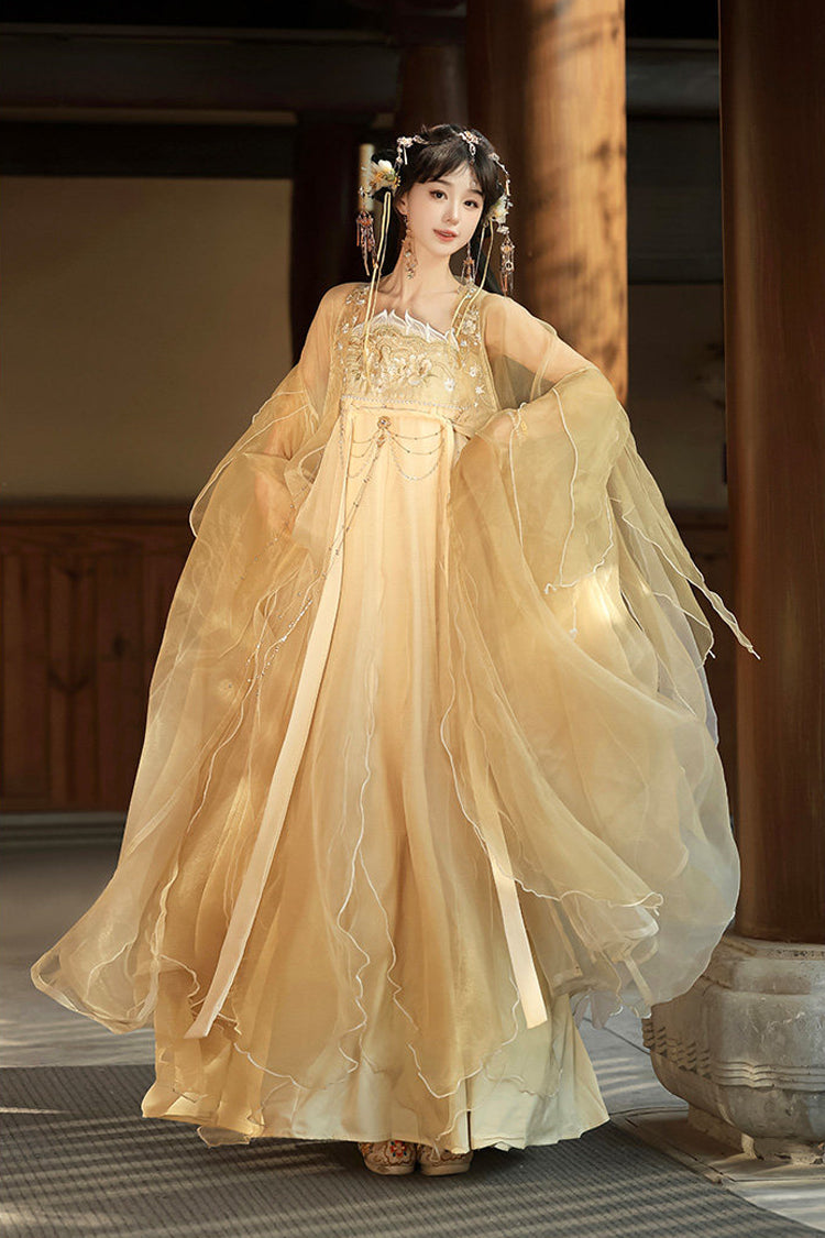 Yellow [Dancing] Hime Sleeves High Waisted Embroidered Women's Classic Hanfu Dress Set