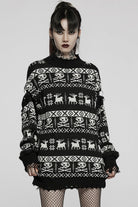 Black/White Stand Collar Long Sleeves Skull Deer Print Grunge Women's Gothic Loose Sweater