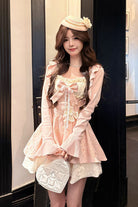 Pink [Honeyed Blossoms] Square Collar Long Sleeves Double-Layered Printed Ruffled Bow Sweet Lolita Dress and Cardigan Set