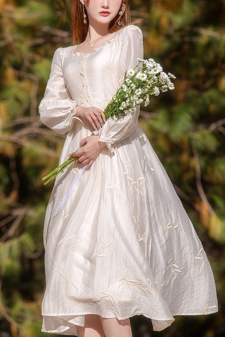 Apricot French Retro Long Lantern Sleeves Embroidery Sweet Lolita OP Dress