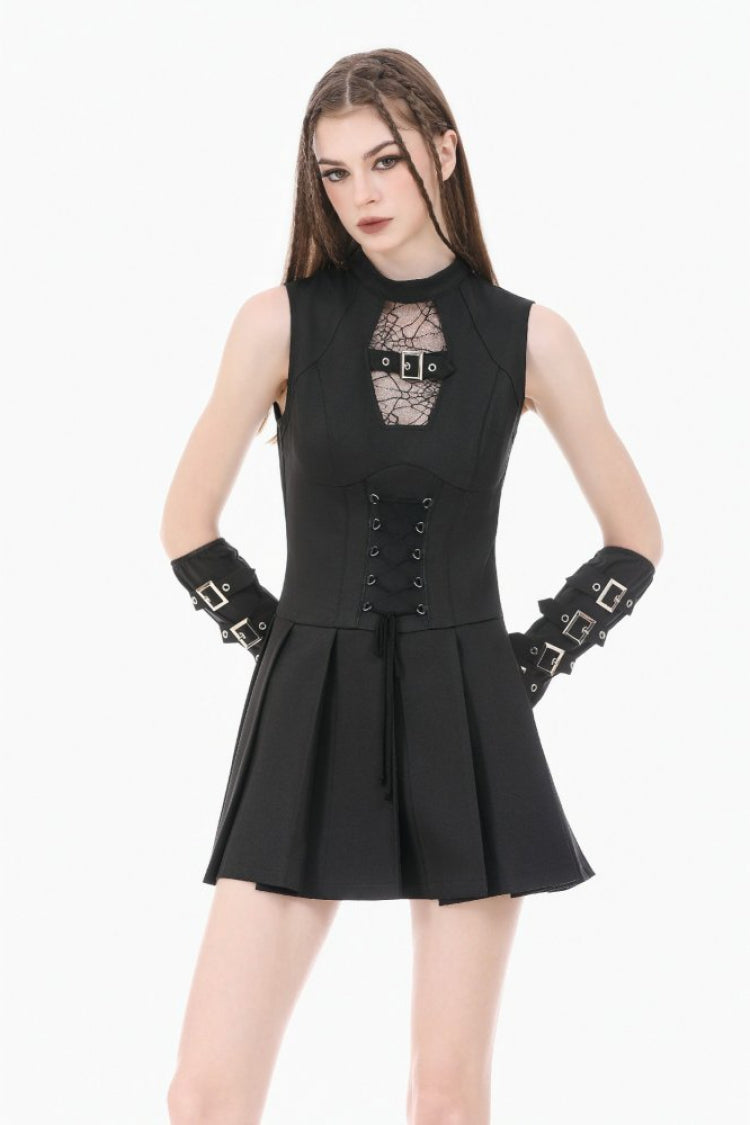 Black Sleeveless Cut-Out Cobweb Sheer Mesh Lace-Up Women's Punk Mini Dress