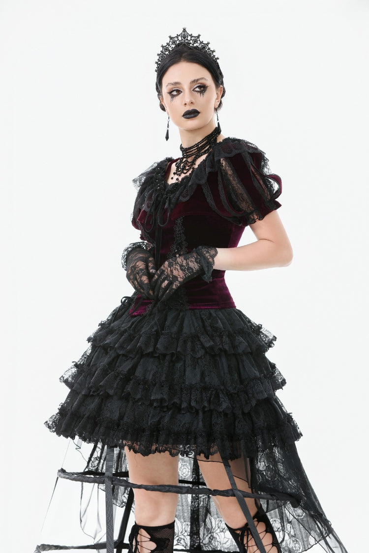 Black Ruffled Doll Collar Short Puff Sleeves Lace-Up Women's Gothic Princess Velvet Cape