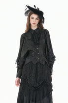 Black Point Collar Long Bishop Sleeves Rose Jacquard Irregular Hem Women's Gothic Blouse with Detachable Tie