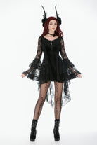 Black Trumpet Sleeves Multi-Layered Lace Velvet Embroidered Lace-Up Women's Gothic Dress