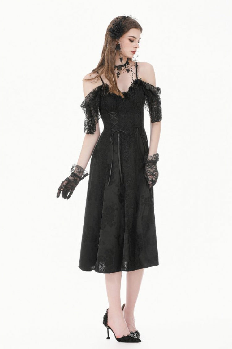 Black Off Shoulder Lace Flutter Sleeves Jacquard Side Corset Lace-Up Women's Gothic Slip Dress
