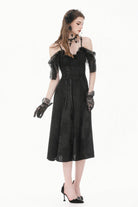 Black Off Shoulder Lace Flutter Sleeves Jacquard Side Corset Lace-Up Women's Gothic Slip Dress