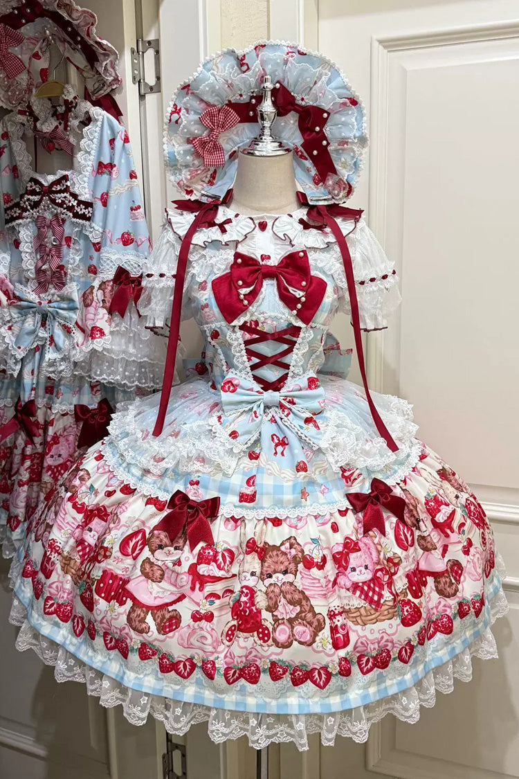 Red/Blue [Sweet Berry Bunny Bear] Printed Bow Lace Lace-Up Sweet Lolita Jsk Dress