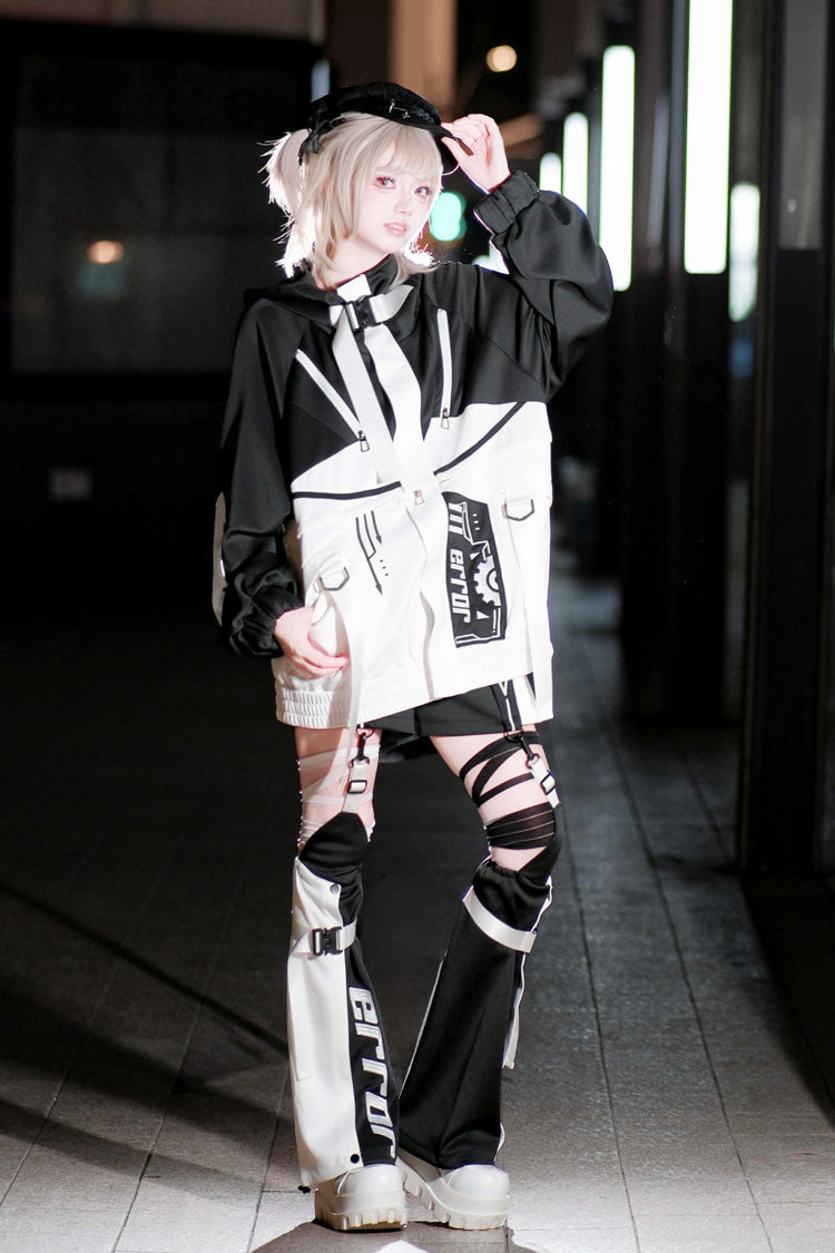 Black/White [Zero-Type Transformation] Techwear Long Sleeves Embroidered Hooded Punk Jirai Kei Shorts Coat Set