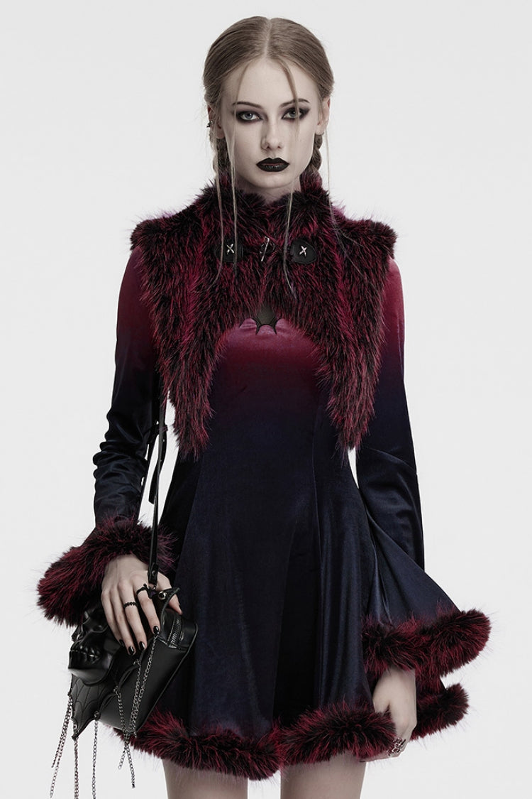 Red Stand Collar Sleeveless Gradient Faux Fur Women's Gothic Cape