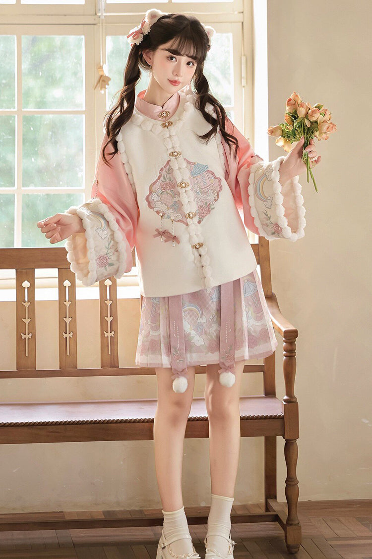 White/Pink [Miracle Pony] Round Collar Long Sleeves High Waisted Printed Women's Sweet Hanfu Dress Set