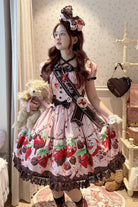 Pink [Strawberry Chocolate Lover] Square Collar Short Sleeves Printed Ruffled Bow Lace Sweet Lolita Dress