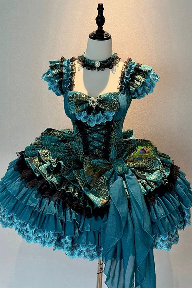Blue/Green [Peacock Spirit Princess] Sleeveless Multi-Layered Ruffled Bow Lace-Up Classic Elegant Lolita Jsk Dress