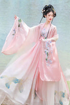 Pink Tang Dynasty Long Trumpet Sleeves Print Embroidery Sweet Hanfu Dress