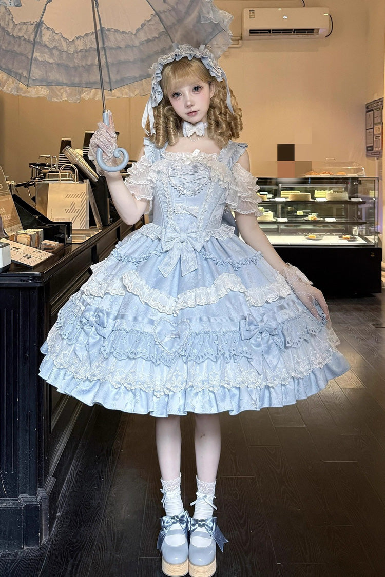 Blue [Super Cute Belia] Sleeveless Triple-Layered Ruffle Bowknot Lace Sweet Elegant Lolita Jsk Dress
