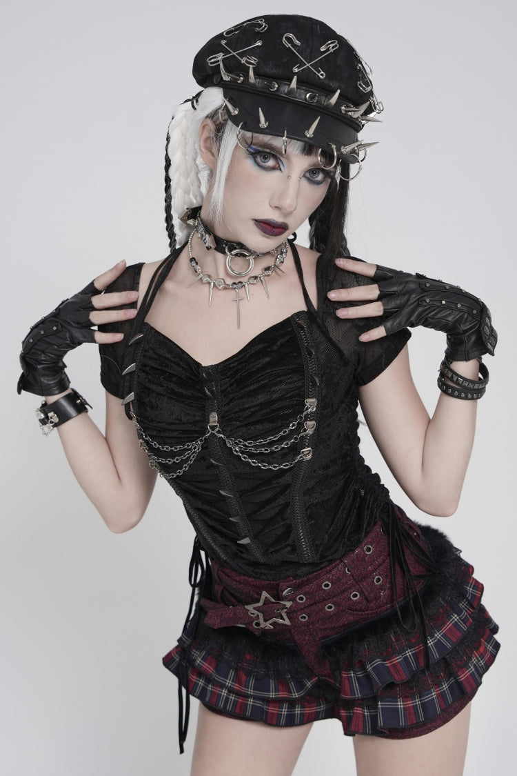 Black Short Sleeves Slim Studded Pleated Chain-Decorated Women's Punk Cool Blouse