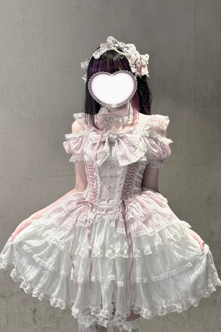 Pink/White [Pearl Nocturne] Square Collar Flutter Sleeves Multi-Layered Printed Ruffled Bow Lace Sweet Japanese Lolita Dress